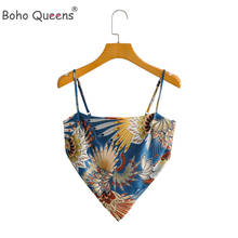 Boho rainhas hippie feminino estampa floral sem mangas colheita topos praia boêmio colete senhoras curto arco babados poliéster boho camis 2024 - compre barato