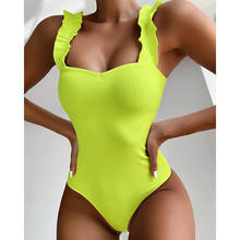 Yellow Swimsuit Women Push Up One Piece V Waist Female Swimwear Retro Swimsuit Ruffled Bodysuit Monokini 2021 Sexy Solid 2024 - buy cheap