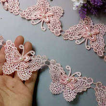 2 Yard Pink Butterfly Pearl Embroidered Lace Trim Ribbon Applique Sewing Craft Crochet Fabric Edging Trimmings Wedding 2024 - buy cheap
