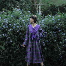 Purple Plaid Dress Square Collar Navy Wind Lily Skirt Long Loose Japanese Lolita op  peter pan collar high waist victorian dress 2024 - buy cheap