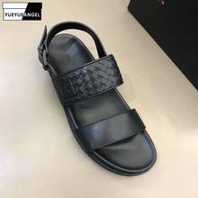 Black Mens Summer Beach Sandals Handmade Weave Genuine Leather Flats Sandals Slippers 2019 New Buckle Casual Comfort Shoes Male 2024 - buy cheap