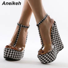 Aneikeh-zapatos de cuña con punta redonda para mujer, calzado femenino de verano, con correa de hebilla de PVC, a cuadros, decoración de moda, talla 35-42, 2021 2024 - compra barato