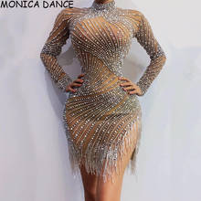 Соблазнительное сценическое серебряное Стразы с жемчужинами Прозрачное платье с бахромой праздничное платье для бара на день рождения наряд с высокой горловиной женское танцевальное платье 2024 - купить недорого