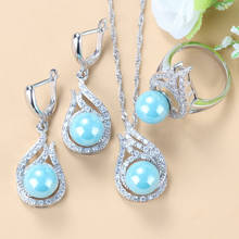 Conjunto de joias de casamento femininas, cores prateadas, céu azul, pérolas de água doce natural, brincos, colar com pingente de anel 2024 - compre barato