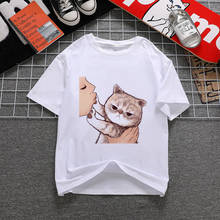 Camiseta feminina de 90s ulzzang harajuku gráfico engraçado dos desenhos animados gato tímido impressão camiseta o pescoço casual camisola feminina 2024 - compre barato