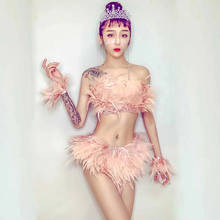 New Pink Feather Bikini Set Sexy Lady Bar Nightclub Party Rave Clothes Dancer Costume Samba Singer 2024 - buy cheap