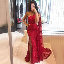Red Elegant One Shoulder Lace Mermaid Prom Dresses Tulle Lace Applique High Split Slit Sweep Train Formal Party prom Dress Eveni 2024 - buy cheap