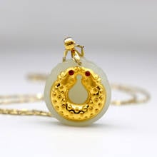 Auspicious Double Dragon Pendant Fine Hetian Jade For Men Women Girls 24K Gold Color Jewelry Mascot Ornaments Lucky Necklaces 2024 - buy cheap