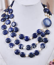 3Rows White Akoya Cultured Pearl & Genuine Coin Lapis Lazuli Jewelry Necklace 2024 - buy cheap