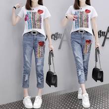 Summer Women Sets Fashion Short Sleeve T Shirt And Hole Jeans Two-piece Set Large Size Female Girl Casual Denim Pants Suits Y81 2024 - buy cheap