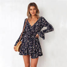 Boho Floral Beach Dress print V Neck Summer sexy short mini dress long flare sleeve bandage belted slim A-line vestidos Vinatge 2024 - buy cheap