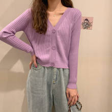 Suéter feminino casual com decote em v, blusão curto de malha, manga longa, outono e primavera 2024 - compre barato