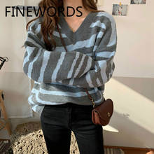 FINEWORDS-suéter de punto de manga larga para mujer, jerseys holgados con cuello de pico, de talla grande, Estilo Vintage, Anas a rayas, informal, Invierno 2024 - compra barato