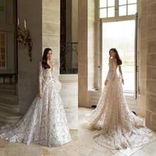 2021 A-Line Wedding Dresses Deep V Neck Long Sleeves Backless Bridal Gowns Custom Made Sequins Lace Sweep Train Wedding Dress 2024 - buy cheap