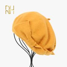 Boina francesa chapéu feminino fake wool boina gorro amarelo outono inverno arco quente de lã elegante senhoras sólido coreano pintor chapéu rh 2024 - compre barato