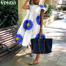 Print Dress VONDA Summer Crew Neck Short Sleeve Floral Print Dresses Casual Loose Party Vestidos Plus Size Knee-Length Sundress 2024 - buy cheap