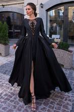 Sevintage Black A Line Simple Women Prom Dresses Lace Satin Formal Evening Party Gowns Front Split Long Sleeve vestido de noche 2024 - buy cheap