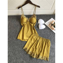 Sexy V-Neck Women Pajamas Summer Ice Silk With Chest Pad Nightdress Shorts Two-piece Set Thin Sleepwear 2024 - buy cheap