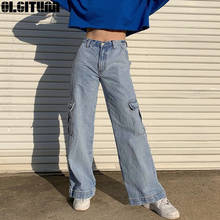2020 Autumn Pocket Patchwork High Waist Drape Wide Leg Pants Ladies Street Wear Straight Jeans Blue 100% Cotton Cargo Pants 2024 - buy cheap