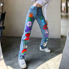 Y2k Letter Print Jeans Women High Waist Baggy Fashion Streetwear Vintage Straight Trousers Female Cargo Denim Pants Harajuku New 2024 - buy cheap