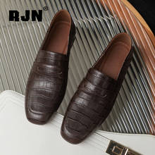 RJN New Women's Flat Fashion Square Toe High-Quality Cow Leather Embossed Striped Loafers Office Lady Slip-On Ladies Shoes RO677 2024 - buy cheap