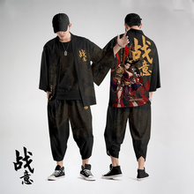 Estilo japonês do vintage quimono haori calças definir homem tradicional harajuku streetwear samurai cardigan traje yukata 2024 - compre barato