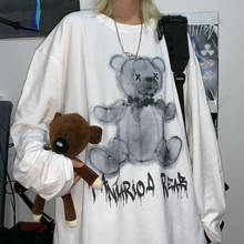 Топ женский в стиле Харадзюку, Повседневная белая футболка с длинным рукавом, с мультяшным рисунком медведя, смешной японский Топ в стиле хип-хоп, осень 2021 2024 - купить недорого