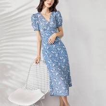 French retro silk dress women's 2021 spring new waist down slim tea break dress temperament V-neck medium length dress 2024 - buy cheap