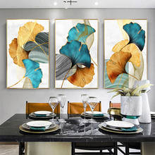 Arte de parede para decoração, azul, verde, amarelo, folha, abstrato, poster nórdico, tela, pintura de parede, imagem moderna, sala de estar 2024 - compre barato