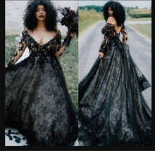 2020 Plus size Goth Country Black Wedding Dresses Sexy V Neck Long Sleeve Sweep Train Bridal Gowns Applique A Line Wedding Gowns 2024 - buy cheap