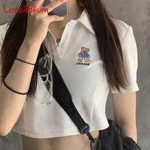 Y2k 90S корейские милые кавайные Harajuku белая футболка-поло рубашка для женщин летние шорты рукавом с вышитым медведем Графический Детская футболка с надписью «укороченный Топ Футболка 2024 - купить недорого