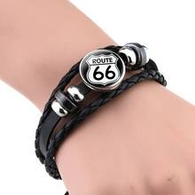 Pulseras con signo de Ruta 66 para hombre y mujer, pulsera tejida Punk, joyería con abalorio de cuero negro, regalos de recuerdo de viaje 2024 - compra barato