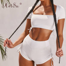 ArtSu сексуальный квадратный воротник, обтягивающий эластичный кроп-топ и шорты, комплект из двух предметов, 2020, женская одежда на завязках, летний спортивный костюм белого цвета 2024 - купить недорого