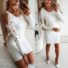 Sexy Women OL Long Sleeve O-Neck Flower Hollow out Cold shoulder Jumper Bodycon Evening Party Club Short Mini Pencil Dress 2024 - buy cheap