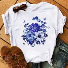 Moda feminina flor azul estampa floral camiseta harajuku engraçado 90s meninas impressão gráfica o-pescoço topos t, transporte da gota 2024 - compre barato