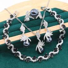 Black Pearl 925 Sterling Silver Jewelry Set For Women Bride Bracelet Pierced Earrings Necklace Pendant Ring Wedding Gift 4PCS 2024 - buy cheap