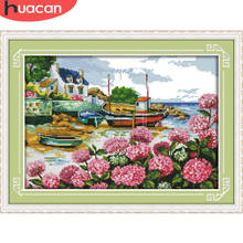 HUACAN Cross Stitch Embroidery Seaside Scenery Set DIY Flower Needlework Cotton Thread Painting Kits Home Decoration 14CT 2024 - buy cheap