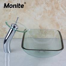Monitor de vidro com pia para banheiro, conjunto de pia de vidro transparente com torneira quadrada de cromo e água pop-up 2024 - compre barato