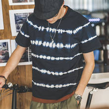 Maden-Camiseta Tie-dye hecha a mano para hombre, Camisetas estampadas de calle gradiente Ins a rayas, estilo Harajuku, de manga corta, moda índigo 2024 - compra barato
