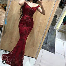 Burgundy Muslim Evening Dresses Mermaid Off The Shoulder Lace Beaded Dubai Saudi Arabic Long Evening Gown 2024 - buy cheap