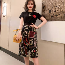 Summer New 2piece set Women Elastic Waist Floral Embroidery Bodycon Skirt and Loose Love brooch Black Tshirt Sets 2024 - buy cheap