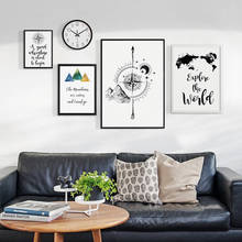 Pintura em tela de montanha com bússola, mapa mundi, preto e branco, imagem de parede para decoração de sala de estar, posteres triângulo e impressões 2024 - compre barato