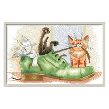 Cats In The Shoe Cross Stitch Patterns Embroidery Kits Kittens Printed Fabric 11CT 14CT Diy Needlework Craft Home Decor Painting 2024 - buy cheap