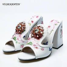 White Flower Printing High Heel Slipper Shoe Chunky High-heeled Rhinestone Buckle Peep Toe Shoe Outdoor Luxury Slides Summer 2024 - buy cheap
