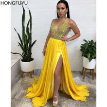 HONGFUYU Yellow Crystals Prom Dresses A Line Chiffon Evening Gowns robe de soiree Formal Dress Long Side Split Vestido Longo 2024 - buy cheap