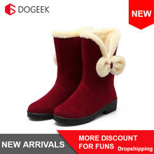 DOGEEK Fashion Women Winter Half Short Boots Flat Thicken Fur Warm Mid Calf Boot Bota Bowknot Gladiator Botas Footwear Shoes 2024 - buy cheap