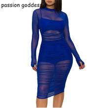 Three Pieces Tank Top+Shorts+Sexy Mesh See Through Perspective Dress Summer Women Runched Sheath Mini Night Club Party Dresses 2024 - buy cheap