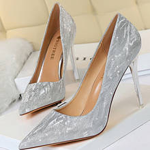 Zapatos de tacón alto con lentejuelas para mujer, calzado de tacón alto de aguja, color champán y plateado, para fiesta y boda 2024 - compra barato