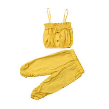 Комплект летней одежды из 2 предметов для маленьких девочек; топы без рукавов в клетку с открытыми плечами; футболка и штаны; однотонная одежда желтого цвета 2024 - купить недорого