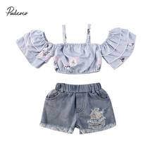 2020 Baby Summer Clothing 2PCS 6M-3T Infant Kid Baby Girls Layered Ruffled Sleeve Off Shoulder Tops Denim Ripped Shorts Outfits 2024 - buy cheap